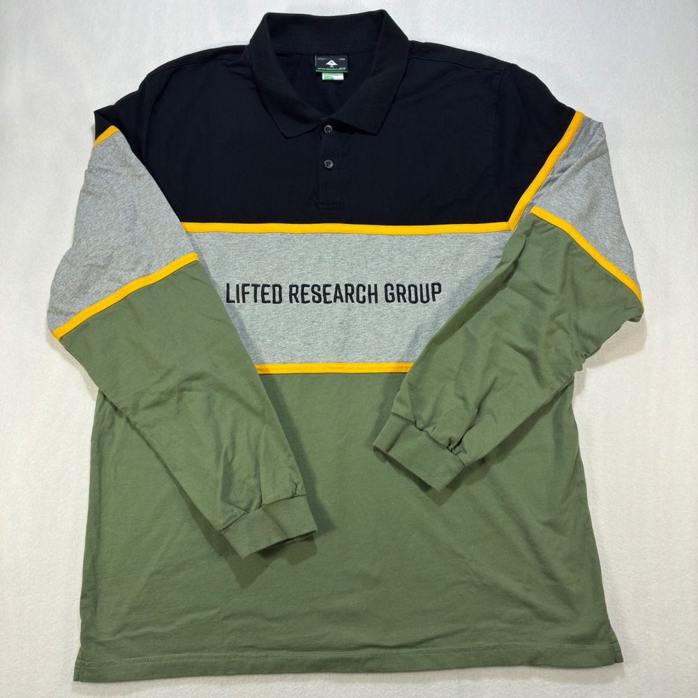 LRG Lifted Research Group Colorblock Long Sleeve Polo Shirt Mens 2XL Green Black